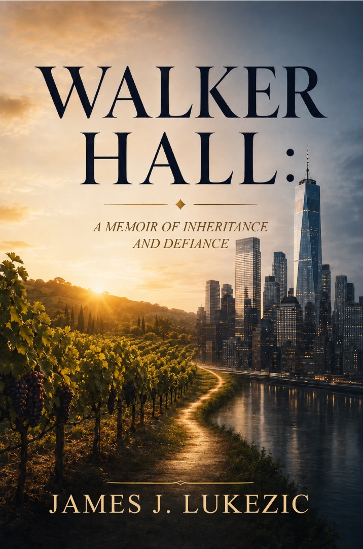 Walker Hall book cover — a Niagara vineyard at sunrise meeting the Manhattan skyline