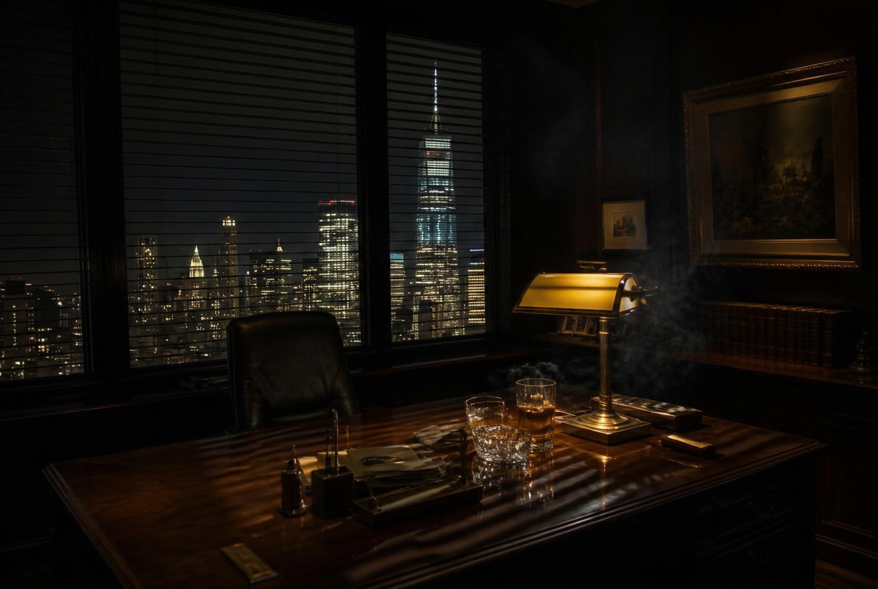 A darkened corner office overlooking the lower Manhattan skyline at night